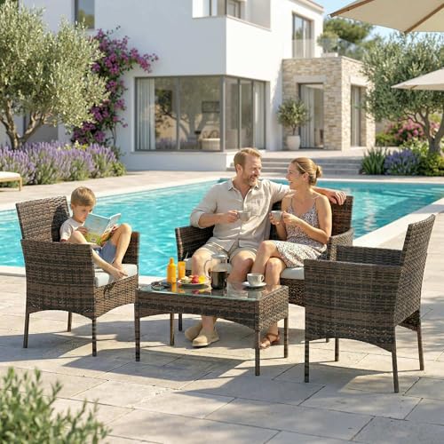 Outsunny 4 Pieces Wicker Patio Furniture Set, PE Rattan Outdoor Conversation Set with Loveseat, 2 Chairs, Tempered Glass Coffee Table and Cushions for Garden Porch Balcony, Beige