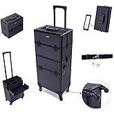 mefeir 2 in 1 Rolling Makeup Train Case Professional Cosmetic trolley on Wheels Aluminum Nail Cart Cosmetic Suitcase for professional makeup artist, Luggage Lockable w/4 Removable Wheels (Black)