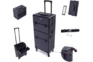 mefeir 2 in 1 Rolling Makeup Train Case Professional Cosmetic trolley on Wheels Aluminum Nail Cart Cosmetic Suitcase for professional makeup artist, Luggage Lockable w/4 Removable Wheels (Black)