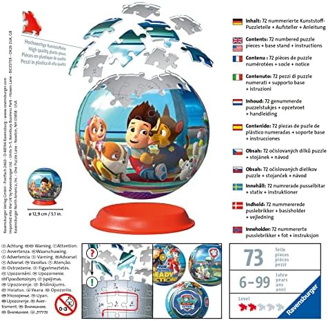 - Puzzle 3D Ball - Pat'Patrouille - A partir de 6 Ans - 72 pièces numérotées à Assembler sans Colle - Support Inclus - Diamètre : 13 cm - 12186