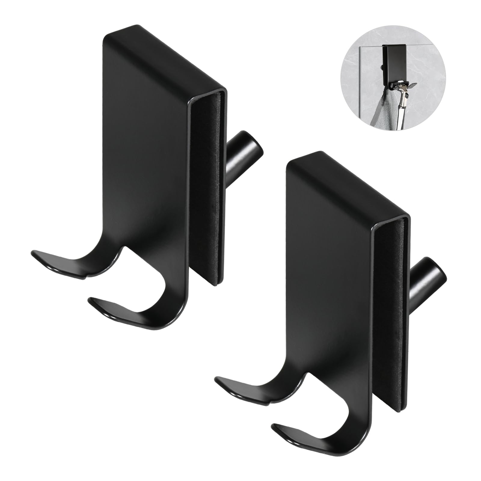 YoHyien 2 Pcs Shower Glass Door Hooks, Double Sided Shower Towel Hooks with EVA Pad, Stainless Steel Over Shower Door Hooks for Bathroom 0.2-0.4 in Thick Frameless Glass Shower Door (Black)