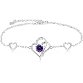 RIVIKO Love Heart Charm Bracelet For Women 925 Sterling Silver With Zirconia Birthstone Bracelets Adjustable Link for Mother Wife Sister Birthday Christmas Day Anniversary Jewelry Gift