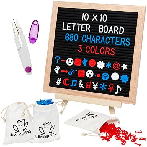 Felt Letter Board 10x10 with 680+ Changeable Letters in 3 Colors, 3 Storage Bags, and Wooden Easel Stand. Includes Numbers, Symbols, & Emojis.