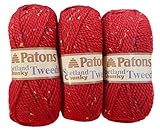 Patons Shetland Chunky Tweed Yarn ( 3 Pack) Bulky Acrylic Wool Blend ( Deep Red)
