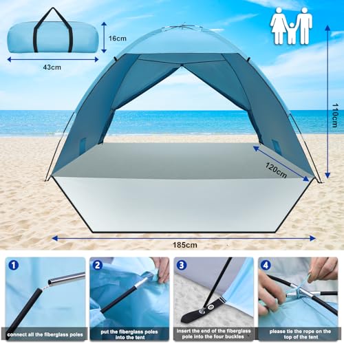 Beach Shelter, UV Protection 50+ Family Tent, XXL Beach Shelter, Front and Back Door with Zip, Privacy Screen, Ventilation, Wind Protection, Sun Protection, Beach Tent, Small Pack Size for Beach