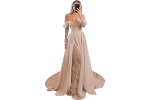 wayfor Off Shoulder Satin Wedding Dresses Lace Long Sleeve Prom Dresses Corset A-Line Ball Gowns with Slit