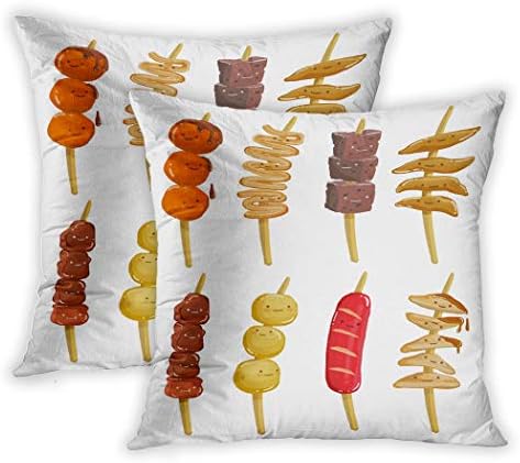 Lichtion Set of 2 Throw Pillow Covers Print Set Illustration Cute Common Filipino Street Food Stick Decorative Soft Bedroom Sofa Pillowcase Cushion Couch 20 x 20 Inch
