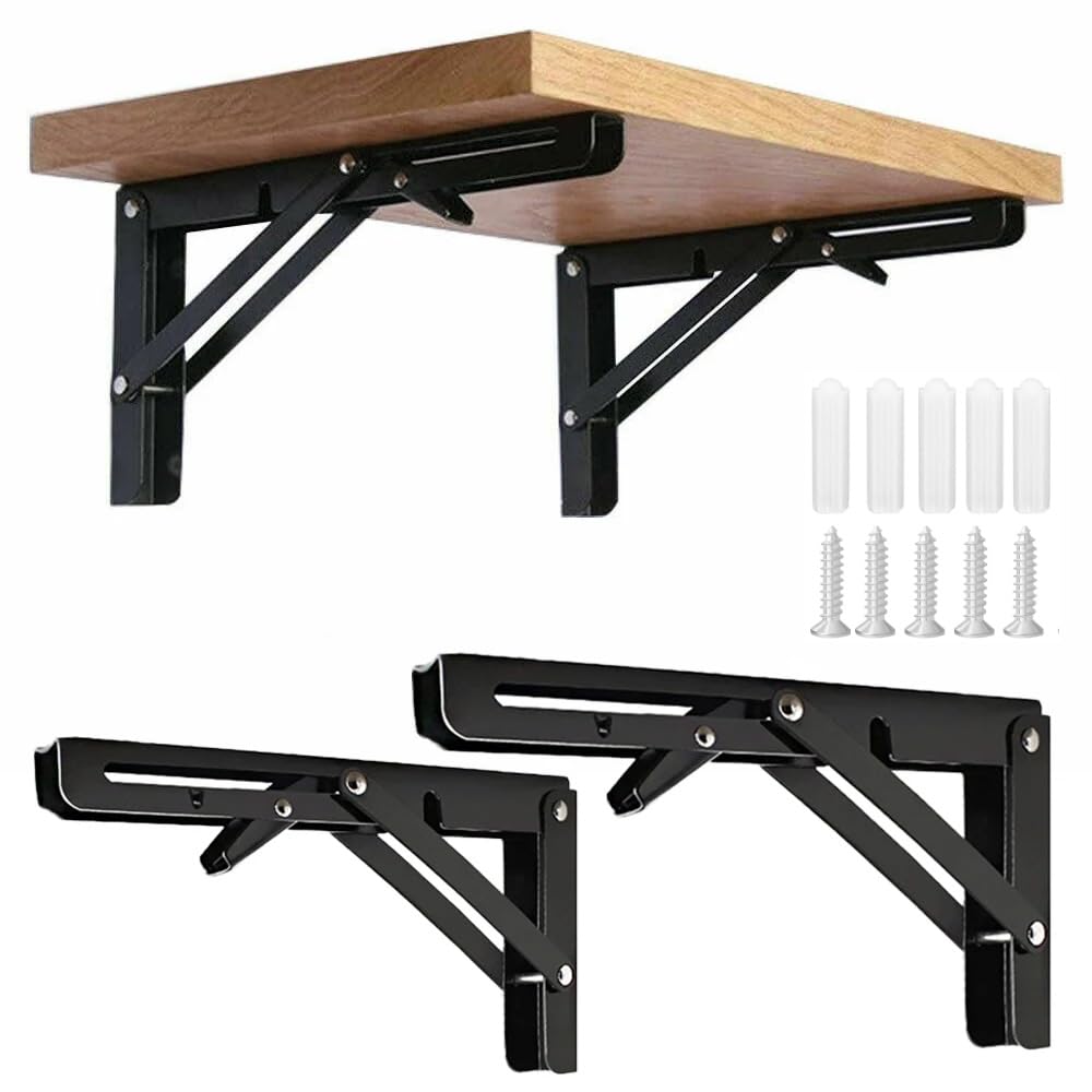 Folding Console Folding Shelf Bracket, Folding Hinge with Lock, Heavy Duty Folding Console, 200 mm Shelf Brackets, Black Folding Shelf Brackets, for Table Tops, Folding Table, Wall Table Pack of 2