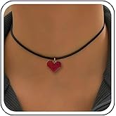 Xduargs Boho Leather Choker Necklace Black Leather Cord Necklace Choker Gothic Leather Suede Necklace Enamel Love Heart Pendant Necklace Short Black Collar Necklace Red Heart Necklace Chain(Style A)