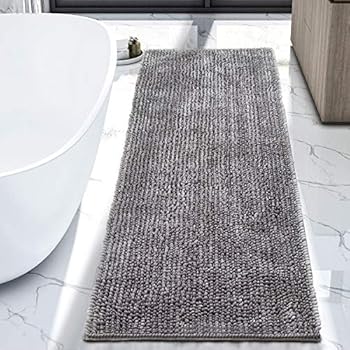 LOCHAS Luxury Bathroom Rug Runner Non Slip Chenille Bath Rugs 24x60 Inch, Super Soft and Comfy Carpets, Plush Shaggy Absorbent Bath Mat Runners for Bathroom, Machine Washable, Light Gray