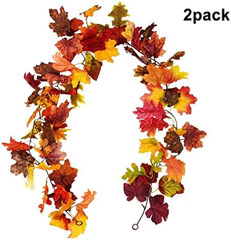 HZAMING 2 Pcs Artificial Autumn Maple Leaves Garland Fall Hanging Plant for Home Garden Wall Doorway Backdrop Fireplace Decoration Wedding Party Halloween&Thanksgiving Decorations (Maple Leaf)