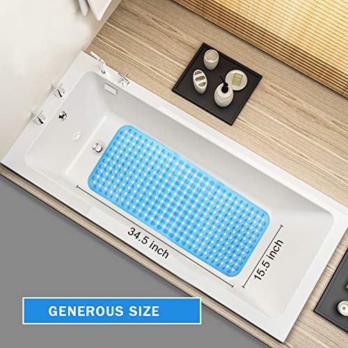 Wimaha Non Slip Bathtub Mats Long (34.5 x 15.5) Shower Bath Mat for Bathroom Tub Stall, Machine Washable, Ideal for Kids Elderly Baby, Clear Blue