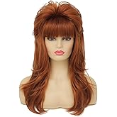Dai Cloud 80s Women Brown Mullet Wig Long Wavy Ginger Bouffant Synthetic Hair wigs for Married Housewife Vintage Costume or Halloween Party