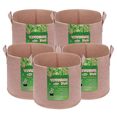 VIVOSUN 5-Pack 3 Gallons Heavy Duty Thickened Nonwoven Fabric Pots Grow Bags with Strap Handles Tan