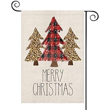 AVOIN Leopard Buffalo Plaid Christmas Tree Garden Flag Vertical Double Sized, Winter Holiday Burlap Yard Outdoor Decoration 12.5 x 18 Inch