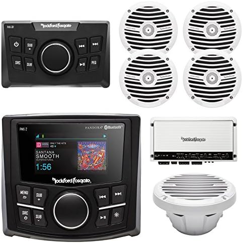 Rockford Fosgate Bluetooth Marine Boat Waterproof MP3 Receiver, Wired Remote Control, 4x 6.5" 300W White 4-Ohm Speakers, Class-D 5-Channel 600W Amplifier, 10" 400W Dual 4-Ohm Marine White Subwoofer