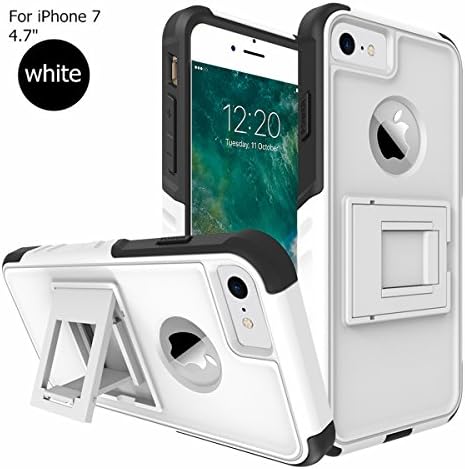 Snopow Rugged Shockproof Armor iPhone 7 Case,with Dirtproof Charging Port [Kickstand] Double-Deck [Hard PC+Soft Silicone] Anti-Impact Shell Anti-Scratch Non-slip Grip Defender Cover for iPhone 7-White