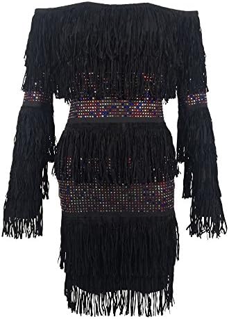 Tina Beauty Long Sleeve Fringe Mini Dress Slash Neck colorful Crystal Tassel Bodycon Dress Large