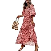 UEHCNFU Womens 2024 Casual Boho Maxi Dresses V Neck 3/4 Puff Sleeve Geometric Pattern Smocked Ruffle Beach Long Sundress