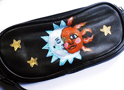 Boho Sun Moon Stars Black Leather Wristlet Eyeglass Sunglass Case Bohemian Accessories for Women