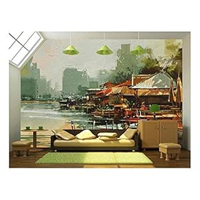 Seascape Painting Showing Old Fishing Village,Watercolor Style - Removable Wall Mural | Self-Adhesive Large Wallpaper - 66x96 inches
