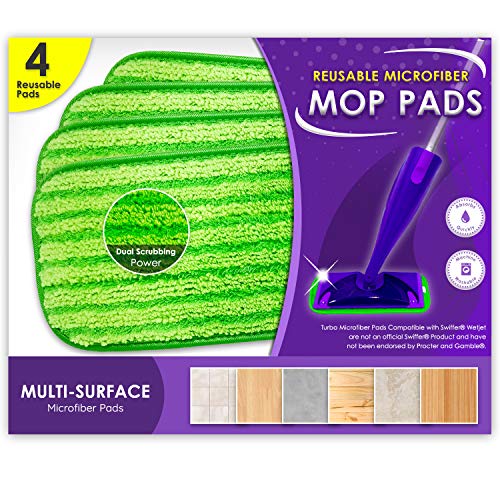 Turbo Mops Reusable Floor Mop Pads Pack of 4 Machine Washable, 12