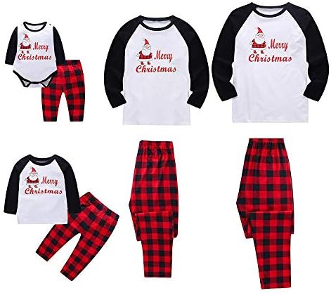 Hotsellhome Matching Family Pajamas Sets Santa Claus and Merry Christmas Letter Printed Long Sleeve Tee Plaid Pants Loungewear Christmas 2Pcs Pjs Outfits Sets