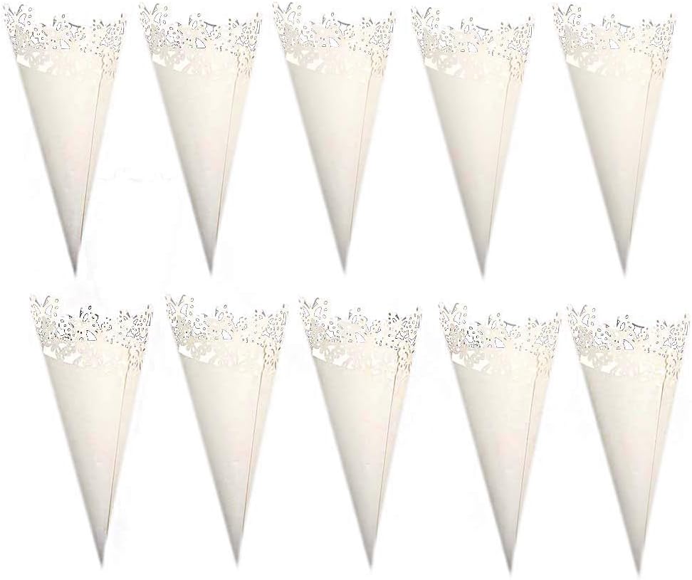100 Pack Wedding Confetti Cones, Laser Cut Butterfly Hollow Candy Cones Papers White