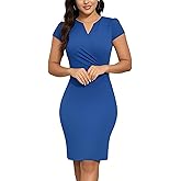 DeftSharp Women's V-Neck Bodycon Work Dress - Short Sleeve Cocktail Party Elegant Mini Dresses Blue