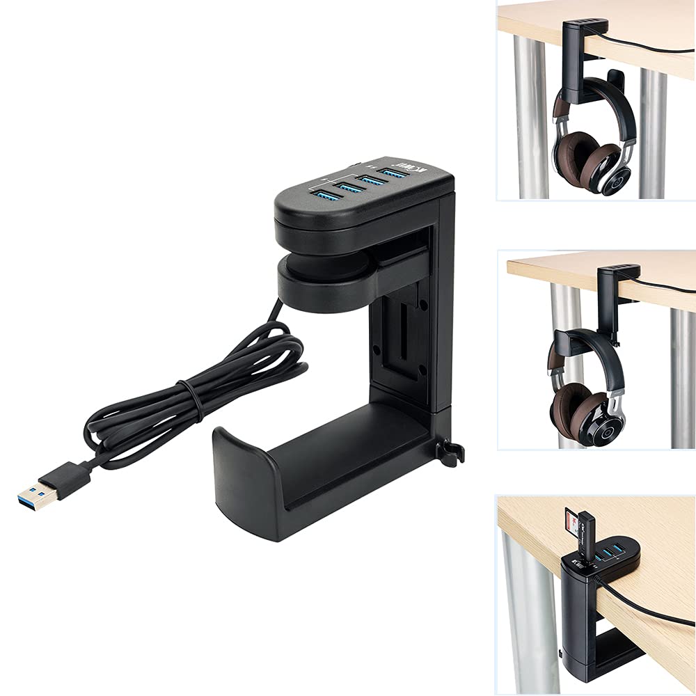 KIWIFOTOS Headphone Stand USB Hub, Under Desk Headset Hanger Holder 4 Ports (1 3.0 + 3 2.0) & Cable Clip, 360° Rotating Adjustable Bracket for Headphones Umbrella Bag, Black (DHU5A)