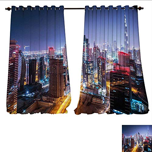 WilliamsDecor Patterned Drape for Glass Door Nighttime at Dubai Vivid Display United Arab Emirates Tourist Attraction Travel Theme Waterproof Window Curtain W72 x L84 Multicolor