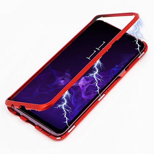 Galaxy S9 Plus Case, Diaxbest Ultra Slim Magnetic Adsorption Metal Case, Aluminum Alloy Frame Hard Clear Tempered Glass Back Cover Support Wireless Charging Compatible with Galaxy S9 Plus (Clear Red)