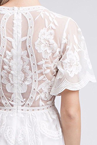 Eleter Women's Deep V-Neck Lace Romper Short Sleeve Long Dress (Medium, White-Short Style)