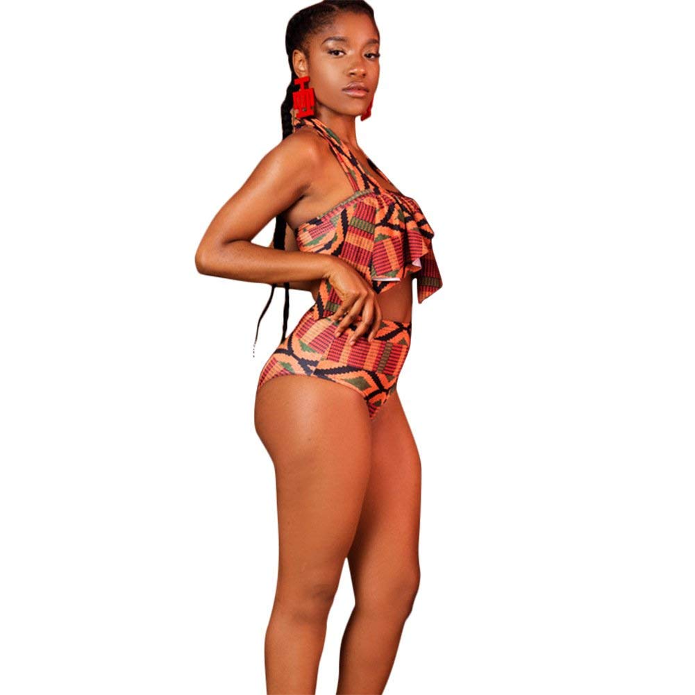 Mycherish Women Two Pieces African Print Halter Ruffle Swimsuit Rompers Outfit Small