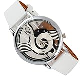 Hemlock Personal Men's Womens Music Note Pattern Watches PU Leather Band Quartz Wrist Watches White