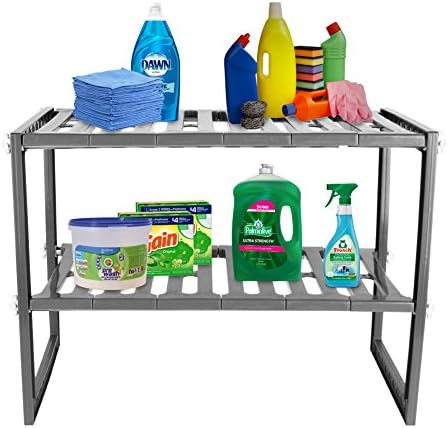 BLACK FRIDAY DEAL Mr Kitchen Rack | 12"x20” to 15"x28” Gray 2-Tier Space Saving Expendable Shelf Adjustable Cabinet | Sturdy Stainless Steel PP Material Kitchen Bathroom Organizer Bonus EBook | 464.3
