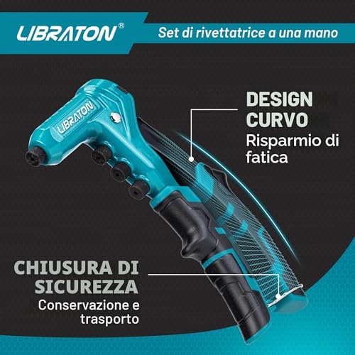 LIBRATON Hand Riveter Professional Riveter Gun with 200 Aluminum Rivets, Includes 4 Drill Bits, 4 Rivet Heads Without Tools (2.4mm, 3.2mm, 4mm, 4.8mm)