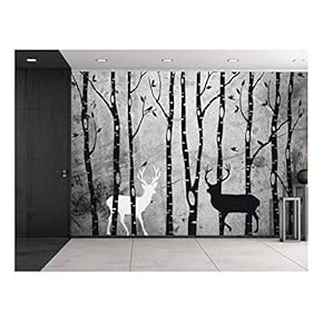 Trees and Deer Illustrations Over a Grungy Texture Background - Wall Mural, Removable Vinyl Wallpaper, Home Decor - 66x96 inches