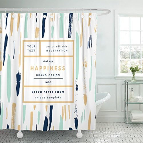 VaryHome Shower Curtain Minimal Happiness Gold Mint Vintage Modern in on Retro Label Geometric Hipster Waterproof Polyester Fabric 72 x 72 inches Set with Hooks
