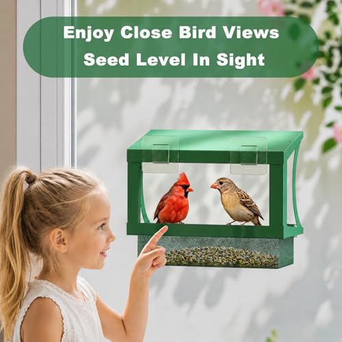 FANHAO Mangeoire Oiseaux Fenêtre 2-en-1 Métal, Extérieur sans Perçage | Plateau en Maille Métal, Toit Incliné, 2 Coupelles D’eau,Crochet Adhésif Pour Fenêtre, Jardin, Balcon et Terrasse