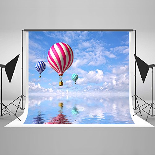 7x5ft Cotton Polyester Blue Sky Sea White Clouds Fire Balloons Wedding Ceremony Photography Backdrop Seamless No Creases Folding and Washable Photo Booth Background