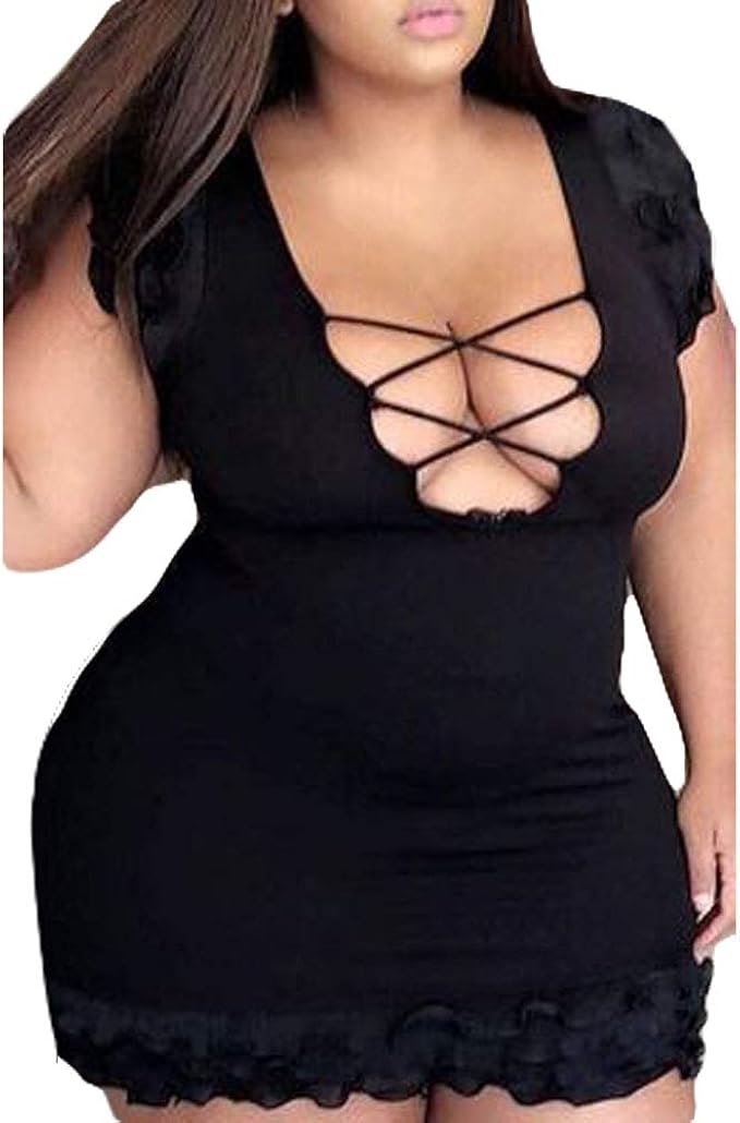 Mini Dress Women Sexy Strappy Lace Classic Laced Deep V Neck Large