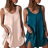 Ekouaer Women's 2 Pack Satin Silk Nightgown Sleeveless Sleep Dress V Neck Nightshirt Soft Tank Pleated Nightdress