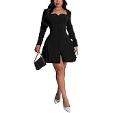 acelyn Womens Sexy Square V Neck Short Wedding Dresses Long Sleeve Button A-Line Pleated Blazer Club Party Mini Dress