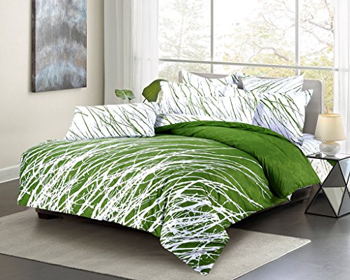 Swanson Beddings Tree Branches 5-Piece 100% Cotton Bedding Set: Duvet Cover, Two Pillow Shams and Two Euro Shams (Green White, Queen)