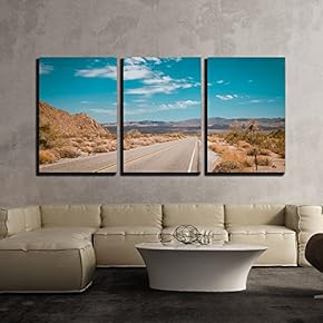 3 Piece Canvas Wall Art - Beautiful Blue Sky with Asphalt Highways Road in Rural Scene - Modern Home Art Stretched and Framed Ready to Hang - 16"x24"x3 Panels