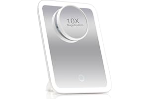 Fancii Portable LED Makeup Mirror with 3 Adjustable Light Settings, 1x Large Mirror & Detachable 10x Magnifying Mirror - Cordless Lighted Mirror for Travel, 360° Rotatable Kickstand (White)