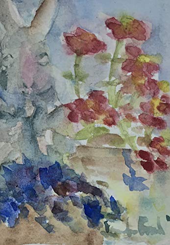 Handsome Rabbit, Red Zinnias and Blue Lobelia in my Garden, Original ACEO Watercolor Painting Matted to 8x10 inches, Not a Print.