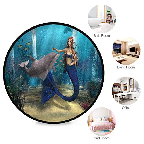 ALAZA 3D Mermaid Dolphin Ocean Round Area Rug Non Slip Rug Floor Mat Carpet Entryway Hallway Sofa Living Room Bedroom Home Decor 3' Diam