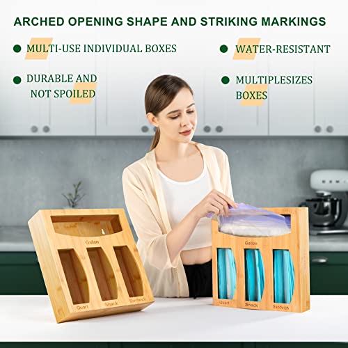 JIAFUEO Ziplock Bag Storage Organizer, Bamboo Ziplock Bag Organizer Dispenser for Kitchen Drawer